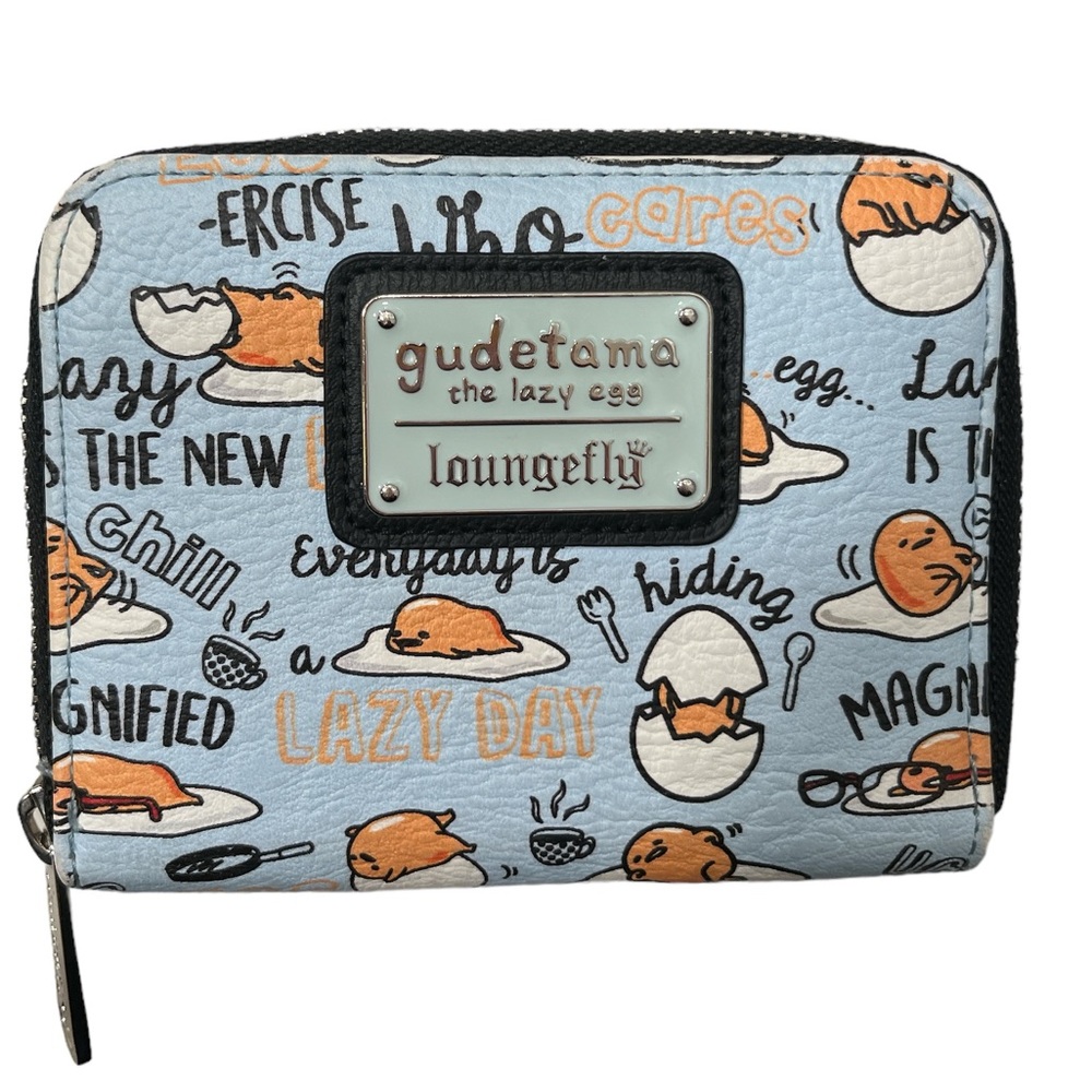 Loungefly Sanrio Gudetama Editorial Blue All-Over-Print Small Zip-Around Wallet